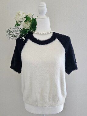 Cotton Emporium Fuzzy Knit Sweater Black White Raglan Soft Top L NWOT